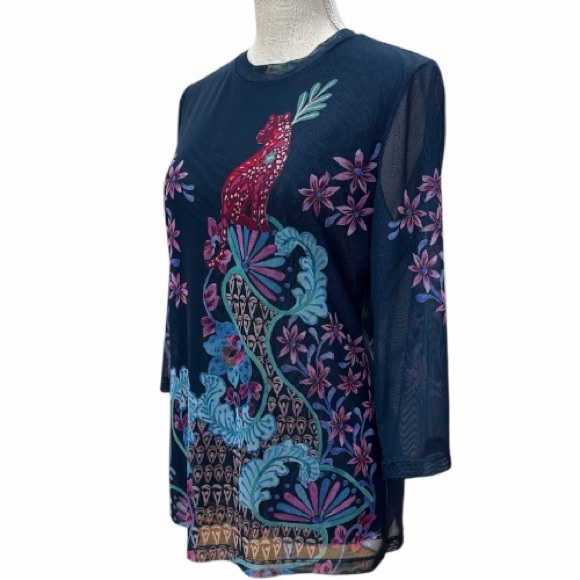 Jade Johnny Was Natalie 3/4 Sleeve Mesh Top with Peacock Floral Blouse Navy Sz L - Picture 7 of 9